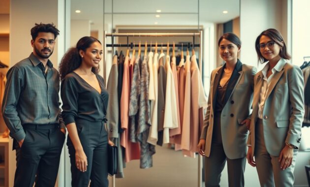 A stylish and elegant scene depicting a step-by-step transformation in fashion. In the foreground, a diverse group of three individuals, each showcasing a different stage of style evolution&mdash;starting from casual wear to refined business attire. The first individual wears comfortable, modest casual clothing, the second features a trendy but professional outfit, and the third showcases a sophisticated look with tailored pieces. In the middle, a neatly designed clothing rack overflowing with a variety of stylish options, including blouses, blazers, and accessories. The background consists of a well-lit, chic dressing room with full-length mirrors. Soft, warm lighting creates an inviting atmosphere, and a shallow depth of field focuses on the models while blurring the background for added depth and interest. The overall mood is uplifting and empowering, emphasizing personal transformation through fashion.