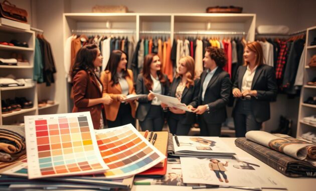 A stylish and modern workspace showcasing the essential skills of a fashion stylist. In the foreground, a color palette and swatches of fabrics are artfully arranged alongside fashion magazines and sketchbooks, emphasizing creativity. The middle layer features a diverse group of professional stylists in business attire, engaged in a brainstorming session, exchanging ideas and collaborating on projects, with expressions of passion and determination. In the background, a well-organized closet filled with trendy clothing, accessories, and footwear suggests a well-curated collection. Soft, warm lighting creates an inviting and inspiring atmosphere, with a slight bokeh effect on the background, enhancing focus on the stylists. The texture of the materials and the vibrant colors convey a sense of modern fashion aesthetics.