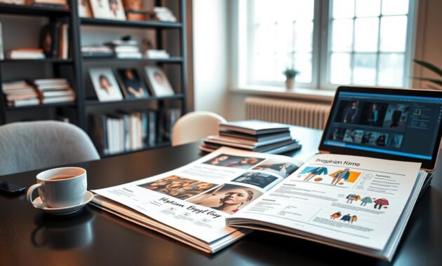 A stylish and organized workspace showcasing essential portfolio building and resume tips. In the foreground, a neatly arranged desk features a fashionable professional resume and an open portfolio filled with vibrant design samples and concept sketches. A cup of coffee sits next to a laptop, with its screen displaying design software. The middle ground features a modern bookshelf filled with fashion magazines and inspirational books. In the background, a softly lit window allows natural light to flood the room, creating a warm, inviting atmosphere. The overall mood is professional yet creative, encouraging ambition and clarity in the fashion industry. The image captures the essence of career preparation in fashion. A stylish and organized workspace showcasing essential portfolio building and resume tips. In the foreground, a neatly arranged desk features a fashionable professional resume and an open portfolio filled with vibrant design samples and concept sketches. A cup of coffee sits next to a laptop, with its screen displaying design software. The middle ground features a modern bookshelf filled with fashion magazines and inspirational books. In the background, a softly lit window allows natural light to flood the room, creating a warm, inviting atmosphere. The overall mood is professional yet creative, encouraging ambition and clarity in the fashion industry. The image captures the essence of career preparation in fashion.