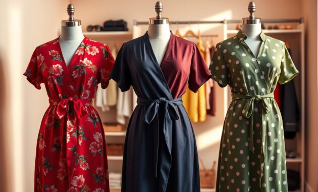 A stylish collection of wrap dresses displayed on a simple, elegant mannequin set against a soft pastel backdrop. The foreground features three different wrap dresses in various colors: a vibrant red with floral patterns, a classic navy blue, and a playful yellow polka dot, each with their own unique tie and silhouette that accentuates a petite figure. In the middle ground, a well-lit dressing area with soft, diffused natural light highlights the dresses, creating a warm and inviting atmosphere. The background features subtle hints of fashion accessories like belts and shoes neatly arranged. The image captures a chic, fashionable mood, ideal for showcasing outfit ideas for petite women, without any text or distractions. A stylish collection of wrap dresses displayed on a simple, elegant mannequin set against a soft pastel backdrop. The foreground features three different wrap dresses in various colors: a vibrant red with floral patterns, a classic navy blue, and a playful yellow polka dot, each with their own unique tie and silhouette that accentuates a petite figure. In the middle ground, a well-lit dressing area with soft, diffused natural light highlights the dresses, creating a warm and inviting atmosphere. The background features subtle hints of fashion accessories like belts and shoes neatly arranged. The image captures a chic, fashionable mood, ideal for showcasing outfit ideas for petite women, without any text or distractions.