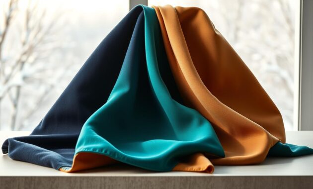 A stylish composition featuring three elegantly draped fabric swatches in navy, teal, and camel, arranged artistically on a flat surface. The navy fabric has a rich, deep color with a smooth texture, the teal adds a bold and vibrant contrast, while the camel fabric offers a warm, neutral grounding. In the background, a softly blurred winter landscape hints at snowy trees and soft sunlight filtering through, creating a serene atmosphere. The scene is illuminated by soft, natural lighting, giving a cozy and inviting feel. Capture the textures and colors in sharp detail, using a slightly elevated angle to highlight the interplay of the fabrics, conveying a sense of sophistication and trendiness aligned with winter fashion.