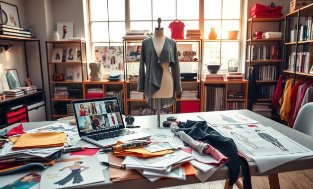 A stylish fashion design workspace filled with inspiring elements reflecting fashion design and merchandising insights. In the foreground, a modern design table cluttered with colorful fabric swatches, sketches of clothing designs, and a laptop displaying fashion trends. In the middle ground, an elegant dress form draped with a partially finished garment and mood boards filled with inspiration images. The background features shelves lined with fashion books and accessories, softly illuminated by natural light streaming through a large window, creating a warm and inviting atmosphere. The scene conveys a sense of creativity, professionalism, and innovative exploration in the fashion industry. The overall color palette is vibrant yet harmonious, reflecting a dynamic but organized workspace. A stylish fashion design workspace filled with inspiring elements reflecting fashion design and merchandising insights. In the foreground, a modern design table cluttered with colorful fabric swatches, sketches of clothing designs, and a laptop displaying fashion trends. In the middle ground, an elegant dress form draped with a partially finished garment and mood boards filled with inspiration images. The background features shelves lined with fashion books and accessories, softly illuminated by natural light streaming through a large window, creating a warm and inviting atmosphere. The scene conveys a sense of creativity, professionalism, and innovative exploration in the fashion industry. The overall color palette is vibrant yet harmonious, reflecting a dynamic but organized workspace.