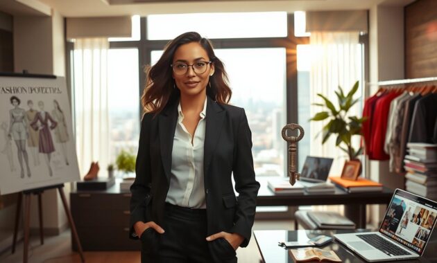 A stylish fashion professional standing in an elegantly designed office, surrounded by fashion sketches and fabric swatches. The foreground features a confident woman in smart, tailored business attire, holding a key symbolizing unlocking potential. In the middle, a large window reveals a bustling cityscape, representing opportunities. Soft natural light filters through, creating a warm and motivational atmosphere. The background includes a sleek desk adorned with fashion magazines and a laptop displaying career resources. A subtle lens flare adds a dynamic touch, evoking a sense of inspiration and ambition for career growth in the fashion industry. The overall mood is uplifting and empowering, encouraging viewers to envision their own career journey. A stylish fashion professional standing in an elegantly designed office, surrounded by fashion sketches and fabric swatches. The foreground features a confident woman in smart, tailored business attire, holding a key symbolizing unlocking potential. In the middle, a large window reveals a bustling cityscape, representing opportunities. Soft natural light filters through, creating a warm and motivational atmosphere. The background includes a sleek desk adorned with fashion magazines and a laptop displaying career resources. A subtle lens flare adds a dynamic touch, evoking a sense of inspiration and ambition for career growth in the fashion industry. The overall mood is uplifting and empowering, encouraging viewers to envision their own career journey.