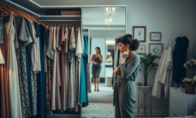 A stylish, organized bedroom featuring an open wardrobe filled with a variety of clothing items ranging from elegant dresses to casual outfits, all neatly hung. In the foreground, a fashionable individual, dressed in a chic outfit, thoughtfully inspects their wardrobe, surrounded by swatches of fabric and accessories. The middle ground displays a full-length mirror reflecting the individual's contemplative expression, while soft lighting highlights the textures and colors of the clothing. The background includes a tastefully decorated space with potted plants and decorative frames, creating a warm, inviting atmosphere. The overall mood is one of inspiration and discovery, as the individual embarks on their unique style journey. Use a shallow depth of field to focus on the wardrobe while slightly blurring the background.
