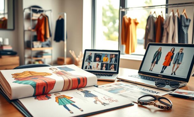 A stylish, professional workspace showcasing a fashion stylist's portfolio. In the foreground, an elegant open portfolio displays vibrant fashion sketches, fabric swatches, and mood boards, each laid out meticulously. The middle features a sleek laptop with high-resolution images of styled outfits, complemented by stylish accessories like sunglasses and jewelry. The background includes a soft-focus view of a fashion magazine rack and hanging garments on a chrome rack, illuminated by natural light coming through a large window. The color palette is warm and inviting, creating an atmosphere of creativity and professionalism. The overall scene conveys a sense of inspiration and aspiration in the world of fashion styling, set at a slight angle to enhance depth.