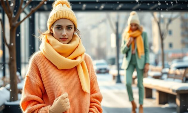 A stylish winter fashion scene featuring a model dressed in layered pastel citrus hues, such as soft oranges, yellows, and mint greens. The foreground showcases the model wearing a cozy, oversized pastel orange sweater, complemented by a lightweight, lemon-yellow scarf elegantly draped around the neck. In the middle, the setting includes a chic winter outfit featuring tailored, mint green trousers and pastel accessories like gloves and a beanie. The background is a softly blurred urban winter landscape with delicate snowflakes gently falling, enhancing the dreamy atmosphere. The scene is well-lit with soft, diffused daylight, creating a warm yet refreshing feel. The image has a shallow depth of field, emphasizing the model while providing a picturesque winter vibe.