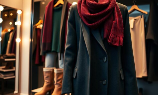 A stylish winter wardrobe display featuring versatile fashion pieces in a trending color palette for the season. In the foreground, a cozy knit sweater in deep forest green is draped over a sleek, tailored charcoal coat with elegant lines. To the side, a rich burgundy scarf and matching gloves provide a pop of color. In the middle, an array of classic boots in taupe and ankle-length pants in muted beige are artfully arranged. The background includes a softly lit, modern dressing area with a large mirror reflecting warm, ambient lighting that enhances the hues of the clothing. The overall atmosphere conveys warmth and sophistication, inviting viewers to explore winter fashion choices.