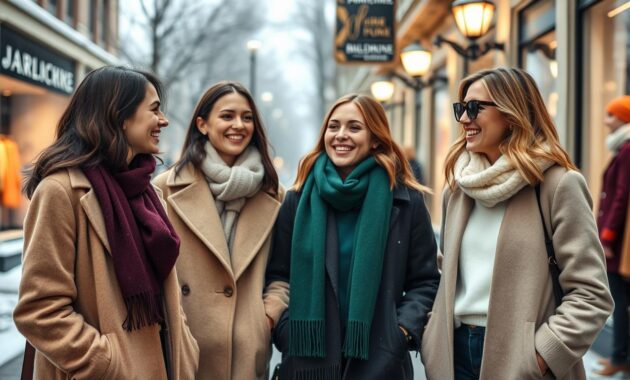 A stylish winter wardrobe scene featuring individuals dressed in a variety of trending winter colors like deep plum, emerald green, soft beige, and crisp white. In the foreground, a group of three friends wearing a mix of fashionable coats, scarves, and accessories engages in a lively conversation, showcasing the interplay of textures like wool and cashmere. The middle ground presents a city street adorned with gently falling snow, with boutique windows displaying vibrant winter attire. The background includes softly lit street lamps, casting a warm glow, enhancing the cozy winter atmosphere. Capture this scene from a slightly elevated angle to create depth, with a focus on the fashion-forward apparel and cheerful expressions, evoking a mood of warmth and camaraderie against a serene winter backdrop.