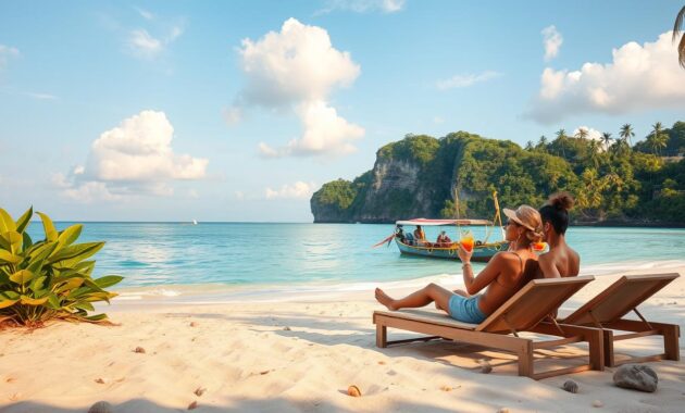 A tranquil beach setting in Phuket at golden hour, showcasing soft, warm, natural lighting. In the foreground, a serene couple in modest casual clothing relax on sun loungers, sipping tropical drinks. They are surrounded by vibrant tropical foliage and delicate seashells scattered in the sand. In the middle ground, a calm turquoise ocean gently laps against the shore, with a traditional longtail boat anchored nearby, adorned with colorful fishing nets. The background features lush green cliffs, dotted with coconut palms against a clear blue sky with fluffy white clouds. The overall mood is peaceful and inviting, conveying the ideal balance of exploration and relaxation during a stay in Phuket.