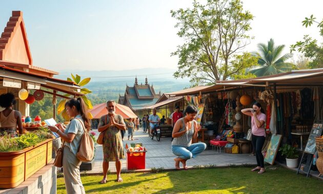A vibrant and inviting scene showcasing diverse activities for travelers, set in a picturesque outdoor location. In the foreground, a group of four people representing various nationalities are engaged in different activities: one is sketching a view, another is trying local cuisine from a food stall, a third is practicing yoga, and the last is photographing street art. In the middle ground, artisan markets and unique local shops create a lively atmosphere, filled with colorful goods and handmade crafts. The background features lush greenery and a distant scenic landscape, with soft sunlight filtering through the trees, creating a warm and welcoming ambiance. Use a wide-angle lens to capture the dynamic energy of the scene, emphasizing exploration and connection to local culture. The overall mood should inspire curiosity and adventure for digital nomads seeking authentic experiences.
