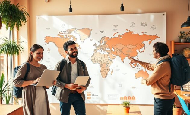 A vibrant and inviting travel planning scene illustrating different trip types for digital nomads. In the foreground, a diverse group of three people in smart casual clothing - a woman with a laptop, a man with a backpack, and another person pointing at a map. In the middle ground, a large, stylized world map with icons representing various trip types like adventure, relaxation, culture, and work. The background features a sunny, cozy caf&eacute; with plants and travel brochures. The lighting is warm and bright, evoking a sense of excitement and optimism. The angle is slightly overhead, providing a comprehensive view of the scene while keeping the focus on the planning process. The overall mood conveys a blend of enthusiasm and professionalism, illustrating clarity and organization in travel planning.