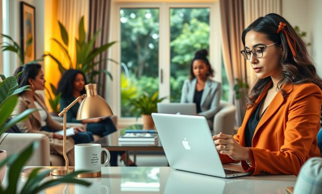 A vibrant and modern office space depicted in a home setting, showcasing a diverse group of women in professional business attire working remotely. In the foreground, a woman focused on her laptop, surrounded by plants and comfortable furniture. The middle of the image features an elegant desk with a stylish lamp, coffee mug, and motivational decor. The background includes a large window with soft, natural light illuminating the scene, and a view of a serene garden outside. The atmosphere is uplifting and inspiring, reflecting professionalism and the freedom of remote work. Capture a warm color palette that conveys a sense of comfort and productivity. The image should evoke a feeling of empowerment and success.