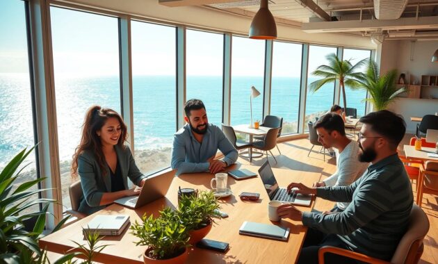 A vibrant co-working space located in a sunny coastal city, featuring floor-to-ceiling windows with a panoramic view of the ocean. In the foreground, a diverse group of digital nomads &ndash; a woman in smart casual attire working on a laptop, a man discussing ideas with a notepad, and another individual enjoying a coffee &ndash; are seated at a shared table with greenery around them. The middle ground showcases various work areas with modern desks and comfortable seating, promoting collaboration and creativity. The background features the shimmering Atlantic Ocean, clear blue skies, and palm trees gently swaying in the breeze. Soft natural lighting floods the scene, creating an inviting and productive atmosphere, evoking a sense of freedom and inspiration for remote work.