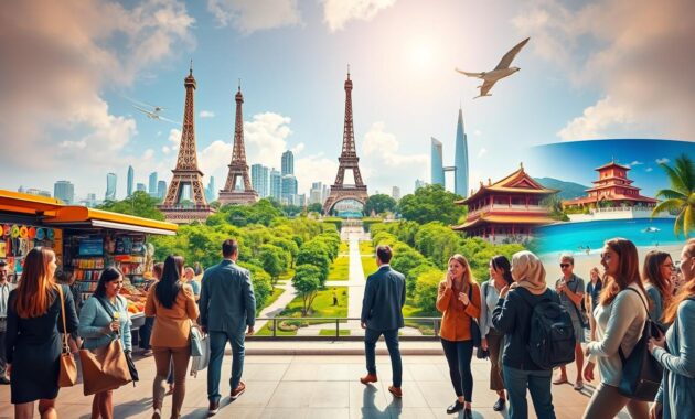 A vibrant collage depicting iconic solo travel spots from around the world. In the foreground, a diverse group of travelers in professional business attire or modest casual clothing are engaged in activities such as exploring a bustling market, taking photographs at a famous landmark, or enjoying a scenic view. The middle ground features a lush park with pathways and a hint of city life, fostering interaction among the solo travelers. In the background, recognizable landmarks like the Eiffel Tower, the Great Wall of China, and a tropical beach establish a global atmosphere. The lighting is warm and inviting, suggesting late afternoon sun with a slight golden hue. The overall mood is adventurous yet safe, inspiring a sense of curiosity and excitement for solo exploration.