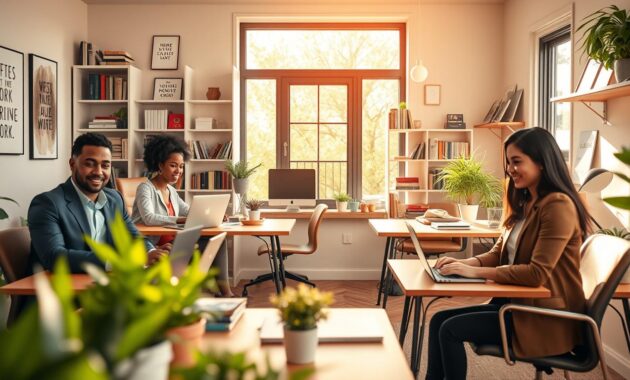 A vibrant home office scene showcasing the success stories of remote workers. In the foreground, diverse professionals (Caucasian, Black, Hispanic, and Asian) sit at stylish desks, engaged in work with laptops, surrounded by personal touches like plants and motivational quotes. They wear professional business attire or smart casual clothing. In the middle, a large window allows warm, natural light to fill the space, creating a cheerful and productive atmosphere. The background features shelves filled with books and awards, emphasizing achievements. The mood is inspiring and uplifting, reflecting the joys of remote work success. Capture the image in a bright, airy style with a shallow depth of field to focus on the workers while softly blurring the background, creating a sense of depth and intimacy.