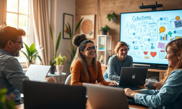 A vibrant home office setting captures the essence of remote company culture. In the foreground, diverse professionals in business casual attire engage in a virtual meeting, smiling and interacting on their laptops. A close-up of one person leaning forward, excitedly discussing ideas, highlights teamwork. In the middle, a large screen displays a digital whiteboard filled with collaborative notes and drawings, symbolizing creativity and communication. In the background, warm, natural light filters through a window, illuminating indoor plants and colorful artwork, creating an inviting atmosphere. The overall mood is positive and collaborative, emphasizing connection and community in a remote work environment. The scene is captured with a soft focus, giving it a warm, approachable feel. A vibrant home office setting captures the essence of remote company culture. In the foreground, diverse professionals in business casual attire engage in a virtual meeting, smiling and interacting on their laptops. A close-up of one person leaning forward, excitedly discussing ideas, highlights teamwork. In the middle, a large screen displays a digital whiteboard filled with collaborative notes and drawings, symbolizing creativity and communication. In the background, warm, natural light filters through a window, illuminating indoor plants and colorful artwork, creating an inviting atmosphere. The overall mood is positive and collaborative, emphasizing connection and community in a remote work environment. The scene is captured with a soft focus, giving it a warm, approachable feel.