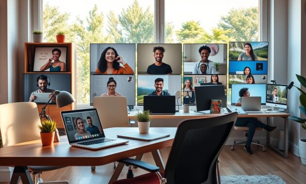 A vibrant remote work landscape featuring a cozy home office setup in the foreground, showcasing a sleek desk with a laptop, a potted plant, and a comfortable ergonomic chair. In the middle ground, diverse professionals of various ethnicities are engaged in video calls from their own stylish workspaces, each adorned with motivational artwork and technology. The background depicts a sunny outdoor scene through a large window, with green trees and soft blue skies enhancing the atmosphere. Soft, warm lighting floods the space, creating an inviting and productive environment. A wide-angle view captures the essence of modern remote work, emphasizing collaboration, flexibility, and creativity in a safe, professional setting.