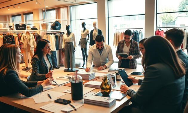 A vibrant retail environment showcasing strategies for store and retail success. In the foreground, a diverse team of professionals in business attire engaged in a dynamic brainstorming session around a table filled with fashion apparel, retail marketing plans, and digital tablets. The middle layer features stylish mannequins displaying trendy clothing alongside enticing displays of merchandise, reflecting a well-organized store layout. In the background, a modern storefront with large windows allowing natural light to flood in, creating a warm and inviting atmosphere. The scene is illuminated with soft, diffused lighting to evoke creativity and collaboration. Capture this from a slightly elevated angle to encompass both the teamwork and the appealing products, emphasizing the intersection of creativity and commerce in the fashion retail industry. A vibrant retail environment showcasing strategies for store and retail success. In the foreground, a diverse team of professionals in business attire engaged in a dynamic brainstorming session around a table filled with fashion apparel, retail marketing plans, and digital tablets. The middle layer features stylish mannequins displaying trendy clothing alongside enticing displays of merchandise, reflecting a well-organized store layout. In the background, a modern storefront with large windows allowing natural light to flood in, creating a warm and inviting atmosphere. The scene is illuminated with soft, diffused lighting to evoke creativity and collaboration. Capture this from a slightly elevated angle to encompass both the teamwork and the appealing products, emphasizing the intersection of creativity and commerce in the fashion retail industry.