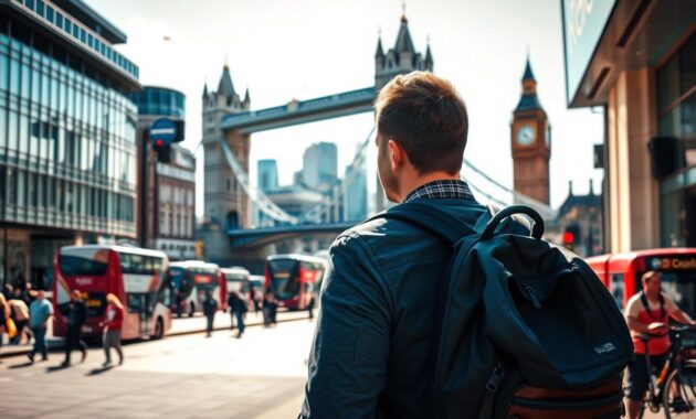 A vibrant scene capturing the essence of London, England, showcasing iconic landmarks like the Tower Bridge and Big Ben in the background. In the foreground, a well-dressed solo traveler with a backpack explores the bustling South Bank, observing street performers and local artists. The middle ground features a mix of modern buildings and historic architecture, reflecting London's rich cultural tapestry. Bright afternoon sunlight casts warm tones across the scene, enhancing the city's big-city energy. The perspective is from slightly above eye level, offering a dynamic view of the transit options such as buses and bicycles, symbolizing the city's solo-friendly transit. The atmosphere is lively and inviting, perfect for showcasing the excitement of solo travel in an urban setting.