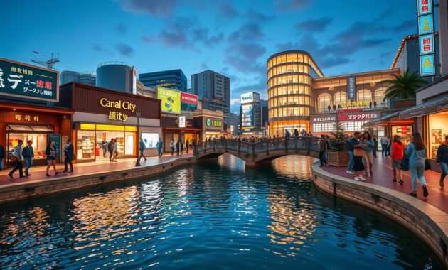 A vibrant scene of Canal City in Fukuoka at night, showcasing its lively atmosphere. In the foreground, an elegant canal glistens under soft, warm lighting, reflecting the neon lights of nearby shops. The middle ground features a bustling shopping area with people in stylish casual attire exploring boutique stores. Some hold shopping bags filled with souvenirs. In the background, the architectural design of Canal City stands out, with its modern structures illuminated against a twilight sky. Include details like colorful LED displays promoting events and restaurants, and small bridges arching over the canal. The scene should feel inviting and energetic, capturing the essence of shopping and nightlife in this unique urban setting, with a slight tilt-down perspective to emphasize the canal's beauty.