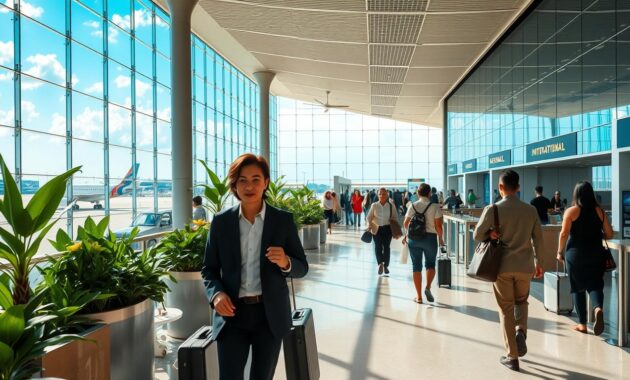 A vibrant scene of Phuket International Airport, showcasing its modern architecture and lush tropical surroundings. In the foreground, travelers in professional business attire and modest casual clothing are seen navigating the arrival hall, with a sense of excitement and anticipation. The middle ground should feature the spacious check-in counters, adorned with lush plants and subtle cultural decor. The background reveals the airport's iconic glass facade reflecting the blue sky, with a few planes visible on the tarmac under bright, warm sunlight. The atmosphere is lively yet organized, with a sense of welcome and safety for travelers embarking on their adventures. Capture this angle from a slightly elevated perspective to encompass the entire space.