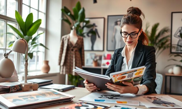 A vibrant, stylish workspace dedicated to fashion styling, featuring a well-organized desk with fashion magazines, sketches, and color swatches. In the foreground, a professional fashion stylist, dressed in chic business attire, is intently reviewing a portfolio of designs. The middle ground includes a mannequin adorned with a trendy outfit, showcasing the stylist's creative flair. In the background, large windows allow soft, natural light to bathe the room, enhancing the warm, inviting atmosphere. The decor reflects modern aesthetics, with elegant fashion prints on the walls and lush greenery in the corners, creating a dynamic environment that inspires creativity and professional growth in the fashion industry. The composition is captured at eye level, emphasizing the stylist's dedication and passion for their career.