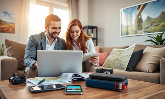 A vibrant travel planning scene set in a cozy, stylish living room. In the foreground, a man and woman, dressed in smart casual attire, collaborate eagerly over a laptop, surrounded by maps and travel brochures. Their expressions show enthusiasm and focus. In the middle ground, an open coffee table holds a selection of travel gadgets and a smartphone displaying the Expedia app interface. The background features a window with a bright, sunny landscape, hinting at an adventurous destination. Soft, natural light pours into the room, creating a warm and inviting atmosphere, while a travel-themed wall poster adds a personal touch. The scene conveys a sense of excitement, professionalism, and collaboration in planning a travel experience.