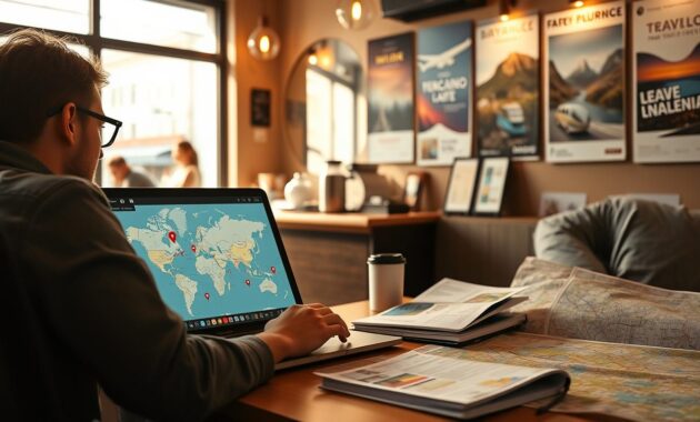 A visually appealing travel planning scene featuring a digital nomad working on a laptop in a cozy caf&eacute;, surrounded by maps, brochures, and a notebook filled with destination ideas. In the foreground, the laptop screen displays an interactive map with highlighted locations and pins. The middle section includes a barista preparing coffee, while the background showcases travel posters and a window revealing a picturesque street view. Soft warm lighting creates an inviting atmosphere, with natural light streaming through the window. The focus is on the organized workspace and the blend of technology and traditional travel planning. The overall mood should feel inspiring, energizing, and conducive to creative exploration.