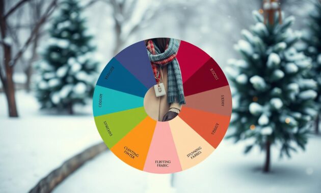 A visually captivating breakdown of the latest color trends in winter fashion is represented in an intricate layout. In the foreground, display a circular color wheel showcasing nine stunning winter hues, each segment labeled with a stylish fabric swatch. The middle layer features a stylish winter outfit, composed of a chic coat, scarf, and accessories, arranged artfully around the color wheel. The background softens into a cozy winter scene, with subtle snowfall and softly blurred evergreen trees to enhance the seasonal theme. Use soft, warm lighting to create a welcoming ambiance. Capture the scene with a slight overhead angle to provide depth and interest, creating a mood of elegance and refinement that reflects the sophistication of winter fashion.