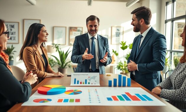 A visually compelling representation of diversification strategies in mutual funds, featuring a professional financial advisor in business attire discussing investment options with a diverse group of investors. In the foreground, a table displays colorful pie charts and infographics of various asset classes like stocks, bonds, and real estate. The middle ground shows the advisor gesturing towards the charts, emphasizing key points about risk reduction. In the background, a bright, modern office space filled with plants and motivational wall art creates a positive atmosphere. Soft, natural lighting streams through large windows, casting gentle shadows, while a wide-angle lens captures the collaborative energy of the setting. The mood is hopeful and informative, underscoring the importance of strategic diversification for effective risk management.