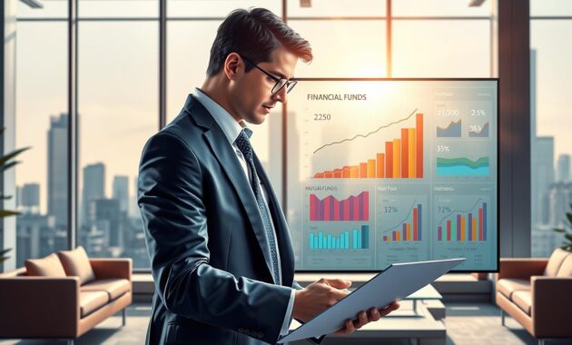 A visually engaging illustration of a professional financial advisor, dressed in a smart business suit, analyzing mutual fund fees and performance. In the foreground, a large, transparent screen displays colorful graphs and charts representing various mutual fund data, with clear comparisons of fees and performance metrics. The middle section features a sleek, modern office environment with stylish furniture and natural lighting streaming through large windows. In the background, silhouettes of city skyscrapers hint at an urban landscape. The mood is analytical yet approachable, symbolizing trust and professionalism, perfect for guiding beginners in financial investment decisions. The image is composed with balanced lighting, emphasizing clarity in the charts while maintaining a contemporary, inviting atmosphere.