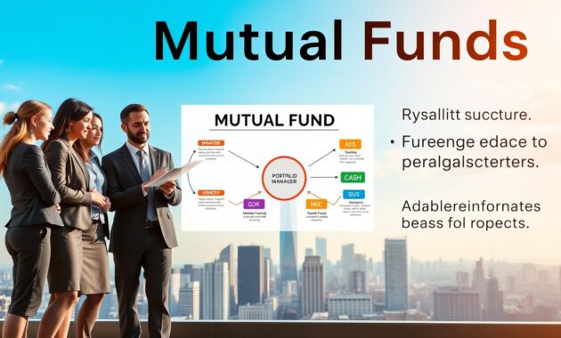 A visually engaging infographic illustrating the structure and benefits of mutual funds. In the foreground, a diverse group of business professionals in formal attire is discussing a chart, emphasizing collaboration and teamwork. The middle ground features a clear diagram of mutual fund components: investors, portfolio manager, and various asset classes like stocks, bonds, and cash displayed as colorful icons. In the background, a city skyline under a bright blue sky conveys a sense of growth and opportunity, enhanced by soft, natural lighting. The atmosphere is optimistic and informative, aimed at beginners. The image should be well-balanced, with a focus on clarity and visual appeal, ensuring no text or logos are present.