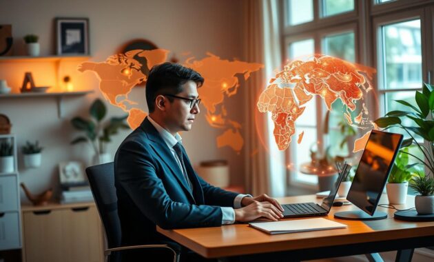 A visually engaging scene depicting global work-from-home opportunities. In the foreground, an individual in professional business attire sits at a tidy home office desk, focused on their laptop. The middle ground features a globe showcasing different countries connected by glowing lines, symbolizing remote collaboration. The background includes a large window with soft natural light streaming in, illuminating plants and personal workspace items. The atmosphere is one of productivity and inspiration, emphasizing the flexibility of remote work. The image should be depicted in vibrant colors with a warm and inviting glow, shot from a slight overhead angle to capture both the workspace and the globe effectively. A visually engaging scene depicting global work-from-home opportunities. In the foreground, an individual in professional business attire sits at a tidy home office desk, focused on their laptop. The middle ground features a globe showcasing different countries connected by glowing lines, symbolizing remote collaboration. The background includes a large window with soft natural light streaming in, illuminating plants and personal workspace items. The atmosphere is one of productivity and inspiration, emphasizing the flexibility of remote work. The image should be depicted in vibrant colors with a warm and inviting glow, shot from a slight overhead angle to capture both the workspace and the globe effectively.
