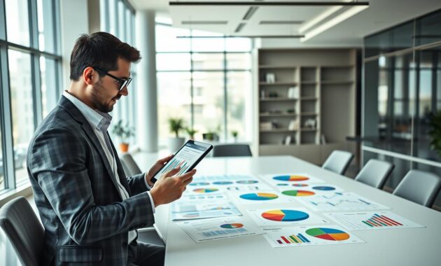 A visually engaging scene depicting the concept of building a diversified investment portfolio. In the foreground, a business professional wearing smart casual attire attentively reviews charts and graphs on a tablet, illustrating various asset classes like stocks, bonds, and real estate. In the middle, a large, modern table is set with colorful pie charts and financial documents spread out, symbolizing diversification. The background features a sleek office environment with large windows allowing natural light to flood in, enhancing the atmosphere of productivity and focus. The overall mood should be optimistic and dynamic, conveying the importance of thoughtful investment strategies. Capture the scene from a slightly elevated angle to emphasize the table's details while keeping the professional in clear view. A visually engaging scene depicting the concept of building a diversified investment portfolio. In the foreground, a business professional wearing smart casual attire attentively reviews charts and graphs on a tablet, illustrating various asset classes like stocks, bonds, and real estate. In the middle, a large, modern table is set with colorful pie charts and financial documents spread out, symbolizing diversification. The background features a sleek office environment with large windows allowing natural light to flood in, enhancing the atmosphere of productivity and focus. The overall mood should be optimistic and dynamic, conveying the importance of thoughtful investment strategies. Capture the scene from a slightly elevated angle to emphasize the table's details while keeping the professional in clear view.
