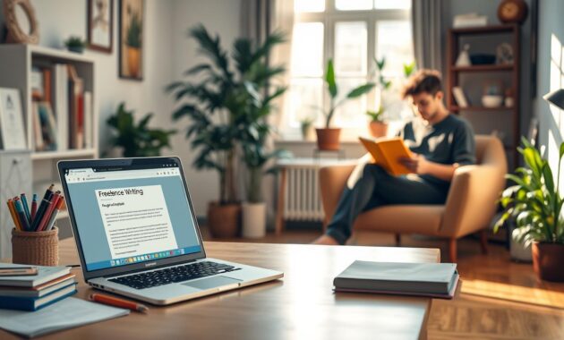 A visually organized workspace showcasing various no-phone job categories for students, illustrated through distinct areas. In the foreground, a neatly arranged desk with a laptop open to a freelance writing platform, surrounded by books and stationery. In the middle ground, a cozy reading nook with an individual in comfortable yet professional attire, engaging in remote graphic design work on a tablet. In the background, a soft focus of a serene home environment with plants, natural light streaming in from a window, creating a calm, inspiring atmosphere. The color palette should be warm and inviting, with soft shadows enhancing the overall feel of productivity and comfort. Focus on a clean composition that clearly conveys the no-phone job theme without any distractions. A visually organized workspace showcasing various no-phone job categories for students, illustrated through distinct areas. In the foreground, a neatly arranged desk with a laptop open to a freelance writing platform, surrounded by books and stationery. In the middle ground, a cozy reading nook with an individual in comfortable yet professional attire, engaging in remote graphic design work on a tablet. In the background, a soft focus of a serene home environment with plants, natural light streaming in from a window, creating a calm, inspiring atmosphere. The color palette should be warm and inviting, with soft shadows enhancing the overall feel of productivity and comfort. Focus on a clean composition that clearly conveys the no-phone job theme without any distractions.