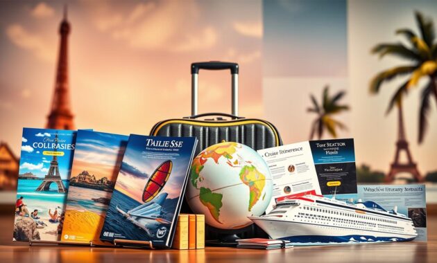A visually striking arrangement of travel packages showcased prominently in the foreground, including colorful brochures, elegant cruise itineraries, and attractive travel add-ons like discounts for excursions and hotel stays. The brochures depict exotic destinations, showcasing vibrant images of beaches and landmarks, while the cruise itineraries are accented with nautical themes and symbols. In the middle ground, a thoughtfully arranged luggage set hints at a ready-to-go travel experience, with a globe placed nearby to suggest global exploration. The background features soft, blurred images of iconic landmarks such as the Eiffel Tower and palm trees, creating a sense of wanderlust. The lighting is warm and inviting, with a subtle glow highlighting the packages, evoking excitement and anticipation. The angle is slightly tilted downwards to draw the viewer's eye to the vibrant details in the foreground.