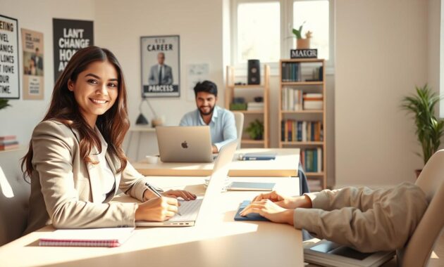A well-organized remote job interview scene, showcasing a diverse group of professional candidates sitting at modern desks in bright, airy home offices. In the foreground, focus on a confident woman in professional attire, using a laptop with a neat notepad beside her, jotting down notes. In the middle, another candidate can be seen engaging in a video call, displaying an empathetic smile and making eye contact with the camera, conveying a sense of professionalism. The background features motivational posters and a bookshelf filled with career-related books, enhancing the atmosphere of preparation and focus. Soft natural lighting streams in through a window, creating a warm and inviting mood, as if radiating positivity and readiness for success. The angle is slightly elevated, capturing both candidates&rsquo; expressions and workspaces harmoniously.