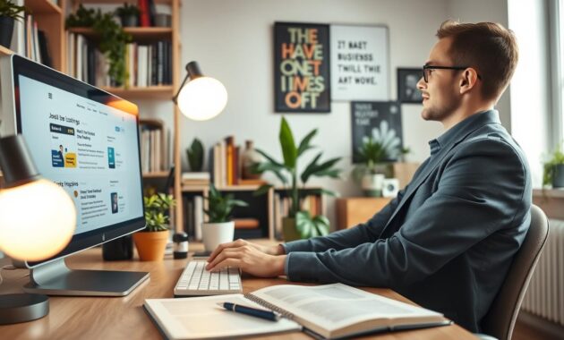 A well-organized workspace featuring a computer on a desk with job listings for remote positions prominently displayed on the screen. In the foreground, a professional individual in business casual attire evaluates the listings, looking focused and optimistic. Surrounding them are elements that suggest a home office environment: indoor plants, bookshelves filled with business literature, and soft lighting from a desk lamp that creates a warm, inviting atmosphere. In the middle ground, an open notebook with a pen lays nearby, suggesting organization and planning. The background features a cozy, decorated wall with art and motivational quotes. The scene is illuminated with natural light streaming from a window, conveying a bright and productive mood. A well-organized workspace featuring a computer on a desk with job listings for remote positions prominently displayed on the screen. In the foreground, a professional individual in business casual attire evaluates the listings, looking focused and optimistic. Surrounding them are elements that suggest a home office environment: indoor plants, bookshelves filled with business literature, and soft lighting from a desk lamp that creates a warm, inviting atmosphere. In the middle ground, an open notebook with a pen lays nearby, suggesting organization and planning. The background features a cozy, decorated wall with art and motivational quotes. The scene is illuminated with natural light streaming from a window, conveying a bright and productive mood.