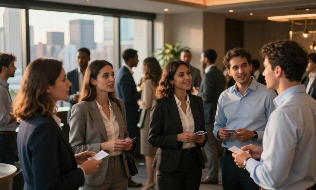 A bustling industry networking event set in a modern New York City venue, filled with diverse professionals engaged in conversation. In the foreground, a group of four individuals in professional business attire—two women in tailored suits and two men in dress shirts—are animatedly discussing with business cards in hand. In the middle ground, small clusters of people are exchanging ideas and laughter, creating an atmosphere of collaboration. The background features elegant décor, with large windows showcasing the city skyline under soft, golden lighting that enhances the warm, inviting ambience. A wide-angle shot captures the lively interaction and networking energy, making it feel vibrant and dynamic. A bustling industry networking event set in a modern New York City venue, filled with diverse professionals engaged in conversation. In the foreground, a group of four individuals in professional business attire—two women in tailored suits and two men in dress shirts—are animatedly discussing with business cards in hand. In the middle ground, small clusters of people are exchanging ideas and laughter, creating an atmosphere of collaboration. The background features elegant décor, with large windows showcasing the city skyline under soft, golden lighting that enhances the warm, inviting ambience. A wide-angle shot captures the lively interaction and networking energy, making it feel vibrant and dynamic.
