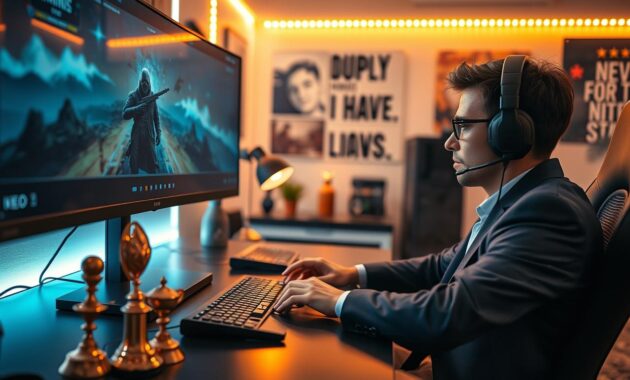 A determined gamer sits at a sleek gaming desk, focused on a high-resolution monitor displaying a challenging game level. In the foreground, close-up details show the gamer’s thoughtful expression and hands poised over the keyboard, showcasing professional business attire. The middle ground reveals a montage of gaming achievements, such as trophies and awards subtly incorporated into the workspace, symbolizing success and perseverance. In the background, soft-focus elements depict a room with gaming memorabilia and motivational quotes, creating an inspiring atmosphere. The lighting is warm, emanating from LED strip lights that accentuate the workspace. The overall mood is one of determination and resilience, capturing the essence of overcoming challenges in a gaming career. A determined gamer sits at a sleek gaming desk, focused on a high-resolution monitor displaying a challenging game level. In the foreground, close-up details show the gamer’s thoughtful expression and hands poised over the keyboard, showcasing professional business attire. The middle ground reveals a montage of gaming achievements, such as trophies and awards subtly incorporated into the workspace, symbolizing success and perseverance. In the background, soft-focus elements depict a room with gaming memorabilia and motivational quotes, creating an inspiring atmosphere. The lighting is warm, emanating from LED strip lights that accentuate the workspace. The overall mood is one of determination and resilience, capturing the essence of overcoming challenges in a gaming career.
