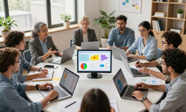 A diverse group of professionals engaged in a collaborative learning environment, seated at a large round table covered with laptops, notebooks, and educational materials. In the foreground, a confident middle-aged woman in business attire gestures as she explains a concept, while a young man with glasses takes notes intently. In the middle, a vibrant display of educational charts and infographics is visible on a screen. The background reveals a bright, modern office space with large windows letting in natural light, plants, and shelves filled with books. The atmosphere is dynamic and energetic, conveying a sense of teamwork and growth. The image should be captured with a warm, inviting lighting and a slight top-down angle to emphasize the learning interaction. A diverse group of professionals engaged in a collaborative learning environment, seated at a large round table covered with laptops, notebooks, and educational materials. In the foreground, a confident middle-aged woman in business attire gestures as she explains a concept, while a young man with glasses takes notes intently. In the middle, a vibrant display of educational charts and infographics is visible on a screen. The background reveals a bright, modern office space with large windows letting in natural light, plants, and shelves filled with books. The atmosphere is dynamic and energetic, conveying a sense of teamwork and growth. The image should be captured with a warm, inviting lighting and a slight top-down angle to emphasize the learning interaction.