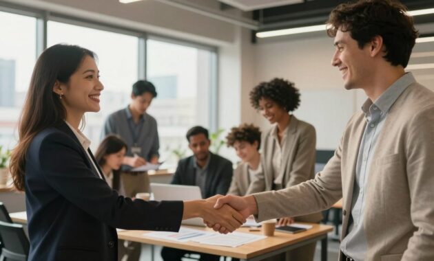 A diverse group of professionals engaged in lively conversation in an open, modern office space. In the foreground, a woman in a smart blazer is shaking hands with a man in business casual attire, both smiling genuinely, symbolizing the forging of meaningful relationships. In the middle ground, a small group is collaborating around a table covered with laptops and documents, showcasing teamwork and cooperation. The background features large windows allowing natural light to flow in, giving a warm ambiance and highlighting the urban skyline outside. Soft, diffused lighting creates an inviting atmosphere, emphasizing connection and growth. The scene conveys energy and positivity, reflecting the importance of networking in career development. A diverse group of professionals engaged in lively conversation in an open, modern office space. In the foreground, a woman in a smart blazer is shaking hands with a man in business casual attire, both smiling genuinely, symbolizing the forging of meaningful relationships. In the middle ground, a small group is collaborating around a table covered with laptops and documents, showcasing teamwork and cooperation. The background features large windows allowing natural light to flow in, giving a warm ambiance and highlighting the urban skyline outside. Soft, diffused lighting creates an inviting atmosphere, emphasizing connection and growth. The scene conveys energy and positivity, reflecting the importance of networking in career development.