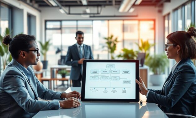 A dynamic and visually appealing workspace scene showcasing key strategies for standing out as a top candidate for remote software engineer jobs. In the foreground, a diverse group of three professionals in smart business attire are engaged in a collaborative discussion around a sleek table. One person is presenting on a tablet, displaying a flowchart that highlights skills like teamwork, adaptability, and continuous learning. The middle ground features a modern office with indoor plants and technology, emphasizing a vibrant yet professional atmosphere. The background shows a large window with natural light streaming in, creating a warm glow and an inviting ambiance. The image should have a motivational feel, symbolizing innovation and success in the tech industry. Use soft focus for depth, highlighting the central teamwork aspect. A dynamic and visually appealing workspace scene showcasing key strategies for standing out as a top candidate for remote software engineer jobs. In the foreground, a diverse group of three professionals in smart business attire are engaged in a collaborative discussion around a sleek table. One person is presenting on a tablet, displaying a flowchart that highlights skills like teamwork, adaptability, and continuous learning. The middle ground features a modern office with indoor plants and technology, emphasizing a vibrant yet professional atmosphere. The background shows a large window with natural light streaming in, creating a warm glow and an inviting ambiance. The image should have a motivational feel, symbolizing innovation and success in the tech industry. Use soft focus for depth, highlighting the central teamwork aspect.