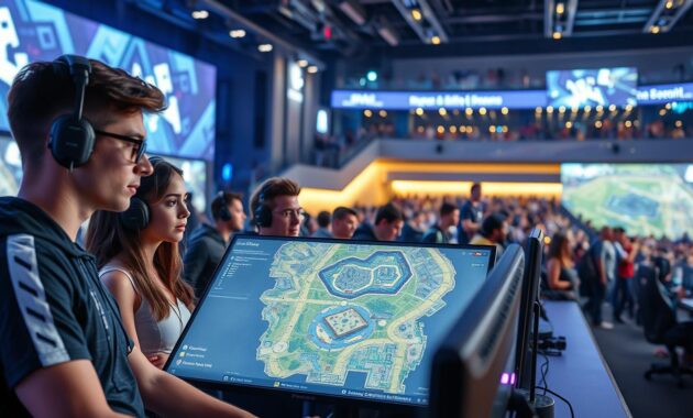 A dynamic esports scene showcasing a diverse group of gamers intensely focused on tactical maps of a virtual battlefield. In the foreground, a male and female gamer, dressed in sleek, professional esports attire, study an interactive digital map displayed on a large screen, their expressions filled with determination. The middle ground features a high-tech gaming setup with glowing LED lights, gaming peripherals, and monitors displaying gameplay strategies and map layouts. In the background, a spacious, modern gaming arena is illuminated with ambient lighting, filled with enthusiastic spectators. The overall atmosphere is one of intense concentration and teamwork, emphasizing the importance of map awareness and positional play. The image is captured with a wide-angle lens, highlighting the depth and scale of the arena. A dynamic esports scene showcasing a diverse group of gamers intensely focused on tactical maps of a virtual battlefield. In the foreground, a male and female gamer, dressed in sleek, professional esports attire, study an interactive digital map displayed on a large screen, their expressions filled with determination. The middle ground features a high-tech gaming setup with glowing LED lights, gaming peripherals, and monitors displaying gameplay strategies and map layouts. In the background, a spacious, modern gaming arena is illuminated with ambient lighting, filled with enthusiastic spectators. The overall atmosphere is one of intense concentration and teamwork, emphasizing the importance of map awareness and positional play. The image is captured with a wide-angle lens, highlighting the depth and scale of the arena.