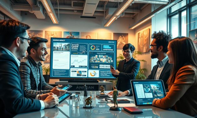 A dynamic office environment featuring content creators engaged in brainstorming sessions about "Genshin Impact" monetization strategies. In the foreground, a diverse group of two to three professionals, dressed in smart casual attire, enthusiastically discussing ideas while surrounded by digital devices displaying Genshin Impact visuals. In the middle, a large screen shows analytics and successful case studies from the game, illustrating different monetization methods. The background reveals a modern office space with gaming-themed decor, such as posters and figurines from "Genshin Impact", creating an immersive atmosphere. The lighting is bright and inviting, with warm tones that convey excitement and creativity. The angle captures the energy of teamwork and innovation, showcasing a productive atmosphere focused on strategic growth in the gaming industry. A dynamic office environment featuring content creators engaged in brainstorming sessions about "Genshin Impact" monetization strategies. In the foreground, a diverse group of two to three professionals, dressed in smart casual attire, enthusiastically discussing ideas while surrounded by digital devices displaying Genshin Impact visuals. In the middle, a large screen shows analytics and successful case studies from the game, illustrating different monetization methods. The background reveals a modern office space with gaming-themed decor, such as posters and figurines from "Genshin Impact", creating an immersive atmosphere. The lighting is bright and inviting, with warm tones that convey excitement and creativity. The angle captures the energy of teamwork and innovation, showcasing a productive atmosphere focused on strategic growth in the gaming industry.