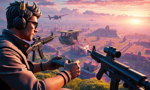 A dynamic scene depicting "Zero Build" competitive play in Fortnite, featuring an intense battle between two characters engaged in strategic gameplay. In the foreground, a focused player in professional casual attire, gripping a controller with determination, surrounded by intricate weapon choices like rifles and grenades. The middle ground showcases a colorful, vibrant battlefield with various structures and cover spots, highlighting the absence of builds. In the background, an expansive Fortnite landscape, with floating islands and a vivid sunset sky, casting warm lighting across the scene. The atmosphere is energetic and competitive, emphasizing the thrill of zero build mechanics in Fortnite, as both players maneuver swiftly, showcasing tactical positioning and skill. A dynamic scene depicting "Zero Build" competitive play in Fortnite, featuring an intense battle between two characters engaged in strategic gameplay. In the foreground, a focused player in professional casual attire, gripping a controller with determination, surrounded by intricate weapon choices like rifles and grenades. The middle ground showcases a colorful, vibrant battlefield with various structures and cover spots, highlighting the absence of builds. In the background, an expansive Fortnite landscape, with floating islands and a vivid sunset sky, casting warm lighting across the scene. The atmosphere is energetic and competitive, emphasizing the thrill of zero build mechanics in Fortnite, as both players maneuver swiftly, showcasing tactical positioning and skill.