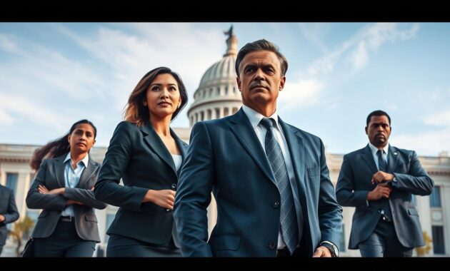 A dynamic scene depicting federal law enforcement in action. In the foreground, a diverse group of federal agents in professional business attire, including a woman of Asian descent and a Black man, are engaged in strategic discussion, exuding confidence and professionalism. The middle ground features a large federal building with the emblem of a law enforcement agency prominently displayed, showcasing a blend of modern architecture and historical elements. The background should reveal a clear blue sky with subtle clouds, symbolizing hope and integrity. Use soft, natural lighting to enhance the image's professionalism, and a slight tilt-up angle to convey authority and upward mobility. The mood is serious yet determined, capturing the essence of a dedicated career in federal service. A dynamic scene depicting federal law enforcement in action. In the foreground, a diverse group of federal agents in professional business attire, including a woman of Asian descent and a Black man, are engaged in strategic discussion, exuding confidence and professionalism. The middle ground features a large federal building with the emblem of a law enforcement agency prominently displayed, showcasing a blend of modern architecture and historical elements. The background should reveal a clear blue sky with subtle clouds, symbolizing hope and integrity. Use soft, natural lighting to enhance the image's professionalism, and a slight tilt-up angle to convey authority and upward mobility. The mood is serious yet determined, capturing the essence of a dedicated career in federal service.