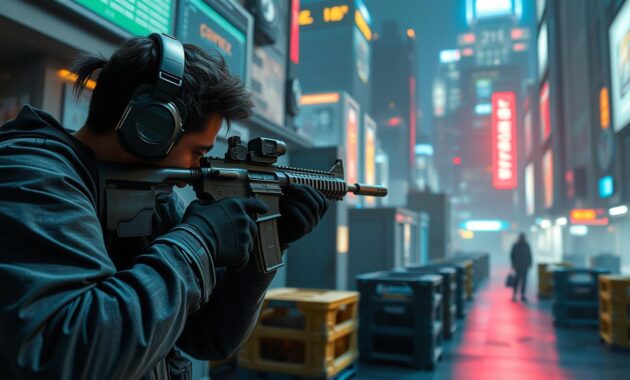 A focused tactical shooter scene in a high-tech urban environment, highlighting a skilled gamer executing precise gunplay and strategic movements. The foreground features a character in professional gaming attire, aiming their weapon with concentrated intensity. The middle ground includes strategic cover elements like walls and crates, suggesting a competitive scenario. In the background, a vibrant cityscape bathed in dynamic lighting creates an immersive atmosphere, with digital HUD elements subtly integrated. The lighting is dramatic, with contrasting shadows and highlights that emphasize movement. Capture the adrenaline and strategy of gameplay, drawing viewers into the tactical intensity of the moment. A focused tactical shooter scene in a high-tech urban environment, highlighting a skilled gamer executing precise gunplay and strategic movements. The foreground features a character in professional gaming attire, aiming their weapon with concentrated intensity. The middle ground includes strategic cover elements like walls and crates, suggesting a competitive scenario. In the background, a vibrant cityscape bathed in dynamic lighting creates an immersive atmosphere, with digital HUD elements subtly integrated. The lighting is dramatic, with contrasting shadows and highlights that emphasize movement. Capture the adrenaline and strategy of gameplay, drawing viewers into the tactical intensity of the moment.