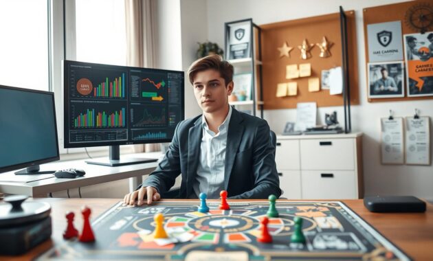 A focused young adult, dressed in smart casual attire, sits at a sleek desk in a modern home office, surrounded by gaming paraphernalia and a large computer screen displaying various graphs and strategies for a gaming career. In the foreground, a strategic game board is meticulously laid out, with colorful game pieces symbolizing different career paths. The middle ground features a corkboard filled with post-it notes and plans, highlighting actionable steps for success in the gaming industry. In the background, a contemporary bookshelf holds awards and motivational gaming posters. Soft, natural light streams in through a window, creating a calm and inspiring atmosphere, while a shallow depth of field draws attention to the planning stage of a gaming career, suggesting focus and determination. A focused young adult, dressed in smart casual attire, sits at a sleek desk in a modern home office, surrounded by gaming paraphernalia and a large computer screen displaying various graphs and strategies for a gaming career. In the foreground, a strategic game board is meticulously laid out, with colorful game pieces symbolizing different career paths. The middle ground features a corkboard filled with post-it notes and plans, highlighting actionable steps for success in the gaming industry. In the background, a contemporary bookshelf holds awards and motivational gaming posters. Soft, natural light streams in through a window, creating a calm and inspiring atmosphere, while a shallow depth of field draws attention to the planning stage of a gaming career, suggesting focus and determination.