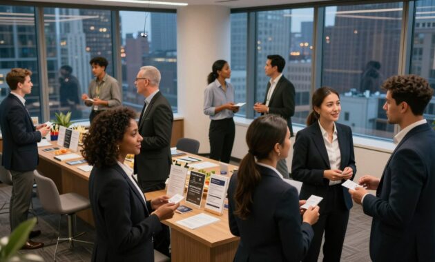 A lively networking event in a modern, stylish conference room in New York City. In the foreground, a diverse group of professionals engaged in conversation, dressed in smart business attire, exchanging business cards and building connections. In the middle ground, a long table with refreshments and informational brochures, while a small group stands nearby, sharing ideas animatedly. The background features large windows revealing a skyline view, with city lights twinkling in the evening twilight. Soft, warm lighting fills the space, creating an inviting atmosphere. The angle is slightly elevated, showcasing the dynamic interactions and the energy of the event, encouraging a sense of professional growth and collaboration. A lively networking event in a modern, stylish conference room in New York City. In the foreground, a diverse group of professionals engaged in conversation, dressed in smart business attire, exchanging business cards and building connections. In the middle ground, a long table with refreshments and informational brochures, while a small group stands nearby, sharing ideas animatedly. The background features large windows revealing a skyline view, with city lights twinkling in the evening twilight. Soft, warm lighting fills the space, creating an inviting atmosphere. The angle is slightly elevated, showcasing the dynamic interactions and the energy of the event, encouraging a sense of professional growth and collaboration.